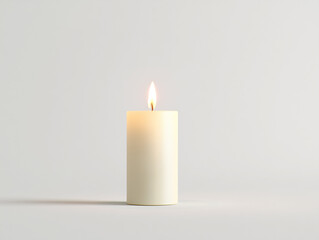 Serene burning candle on white background soft light minimalist aesthetic peaceful ambiance simple