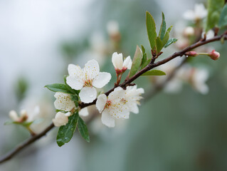 Obraz premium Delicate white blossoms glistening with raindrops a serene spring scene in soft natural light