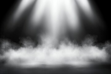 Empty stage lit by spotlights, smoky ambiance