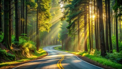 Sunbeams Illuminate Winding Forest Road, A Serene Journey Through Nature's Embrace