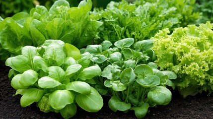 A fresh assortment of green leafy vegetables growing in a garden. This vibrant image captures different types of lettuce and greens flourishing, showcasing their healthy and natural appearance. 