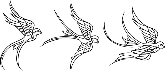 Set of three swallow birds in clean line art style. Black ink outline, traditional tattoo design. Isolated on white background
