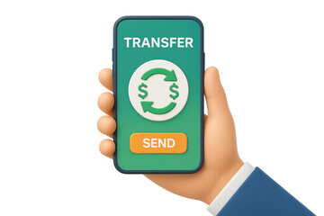 Hand holding smartphone displaying mobile money transfer app interface with send button. Isolated illustration
