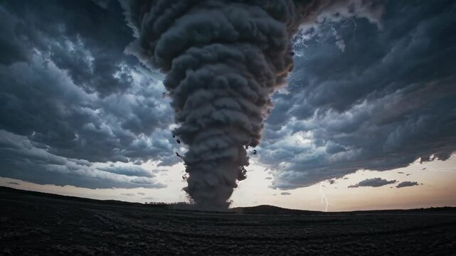 Dramatic supercell thunderstorm generating a tornado, with lightning striking the ground beneath dark clouds during a breathtaking sunset, creating an intense and powerful atmosphere