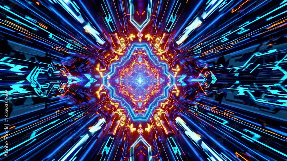 Poster glowing neon lights are illuminating a futuristic tunnel with digital circuit patterns, creating an 