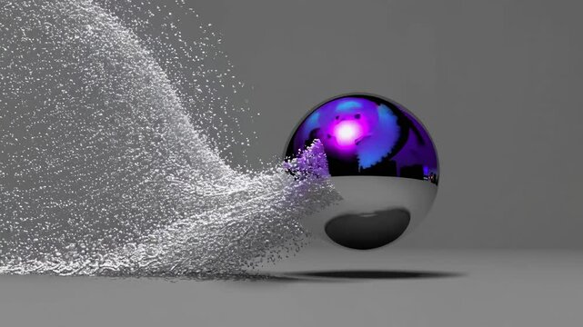 Chrome sphere with purple and blue reflections is transforming into a stream of white particles, creating a visual representation of matter transformation, energy flow, or data transmission