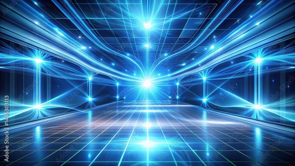 Poster Abstract Futuristic Corridor Glowing Energy Streams and Reflective Floor with Illuminated Walls and Ceiling