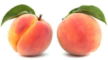 Fresh Peaches with Green Leaves on Top and Bottom Isolated on White