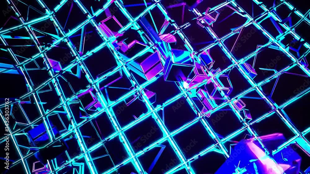 Poster neon cubes are glowing and rotating on a grid background, creating a futuristic and dynamic visual e