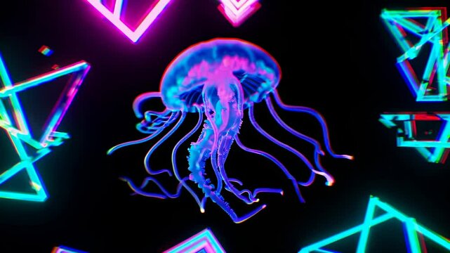 Glowing jellyfish with long tentacles floating in dark virtual reality with neon geometric shapes creating a vibrant and surreal underwater scene