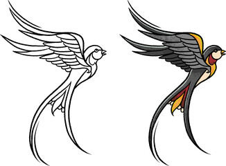 Traditional tattoo-style swallow in flight, with color and outline versions. Retro ink art, bold lines, isolated on white background