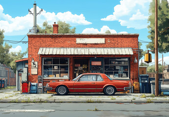 Obraz premium Illustration of a small auto repair shop.