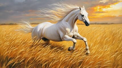 Obraz na płótnie Canvas White horse galloping in golden wheat field at sunset