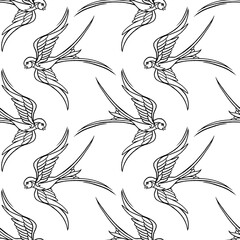 Seamless pattern with flying swallows in line art style. Monochrome bird design for anti-stress coloring. Isolated on white background