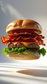 Floating Gourmet Bacon Cheeseburger, Crispy Bacon Layers, Juicy Beef Patty, Fresh Lettuce and Tomato Food Concept