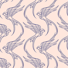 Seamless pattern with flying swallows in outline retro tattoo style on soft beige background. Decorative, monochrome, elegant