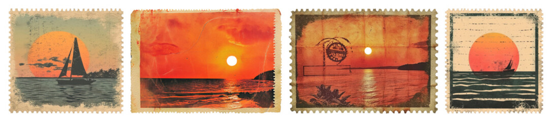PNG Vintage sunset nautical postcards, element set on transparent background