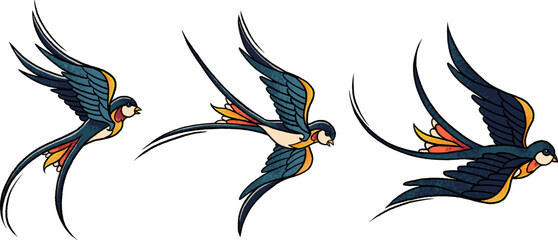 Set of three flying swallows in traditional tattoo style. Bold outlines, grainy texture, classic palette. Isolated on white background
