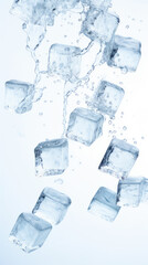 Clear Ice Cubes Falling into Water with Bubbles in a Refreshing Splash Effect