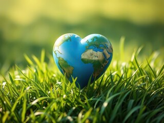 Heart shaped earth globe resting in green grass on a bright sunny day symbolizing love for the planet