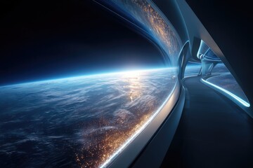 Obraz premium Spacious, futuristic spacecraft interior view of Earth.