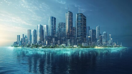 Naklejka premium Urban aquatic island city skyline reflecting upon the ocean's watery expanse