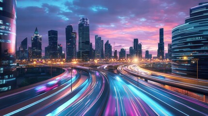 Obraz premium Cityscape twilight with radiant roads showcases urban momentum and progress