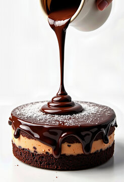 Chocolate Drip Art: Witness the Beauty of Frozen Motion as Pouring Chocolate Creates an Exquisite Cascade on a Cake, Isolated on a Clean White Background &ndash; An Appetizing Still Life for Baking and Dess