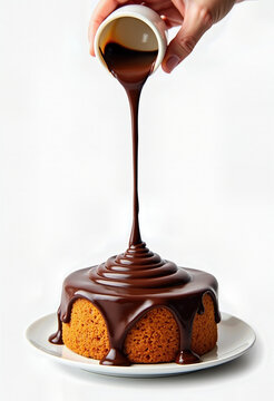Frozen Chocolate Cascade: A Stunning Isolation of Pouring Chocolate Drips Artistically Frozen on a Cake Against a Pristine White Background &ndash; A Tempting Glimpse of Decadent Dessert, Perfect for Confec