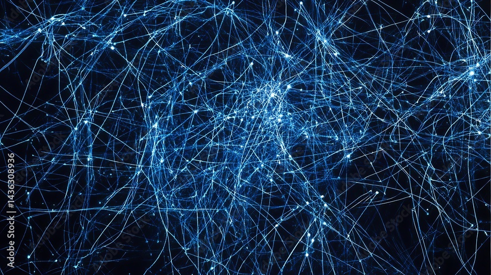 Poster abstract digital art depicting a network of glowing blue lines and points on a dark background. the 