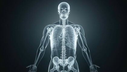 Digital X-ray illustration of a human skeleton with detailed bone structures.