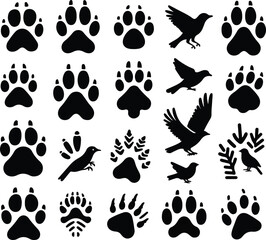Different animal paw print vector silhouette