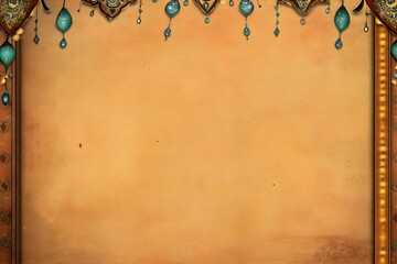Ornate vintage background with an exotic oriental design border. Arabian-style frame with hanging jewels on old parchment paper for invitations or greetings