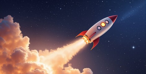 A colorful cartoon rocket blasts off with glowing flames into a starry night sky, on a cloud-filled background, symbolizing business growth and innovation concept, Ai generative