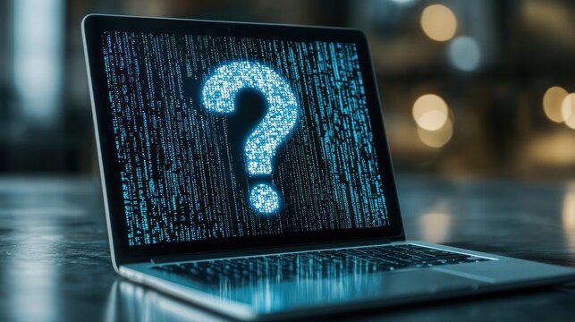 A digital assistant on a laptop screen with a large question mark