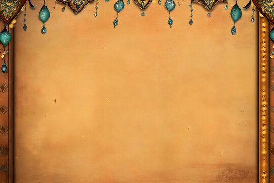 Ornate vintage background with an exotic oriental design border. Arabian-style frame with hanging jewels on old parchment paper for invitations or greetings