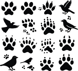Different animal paw print vector silhouette