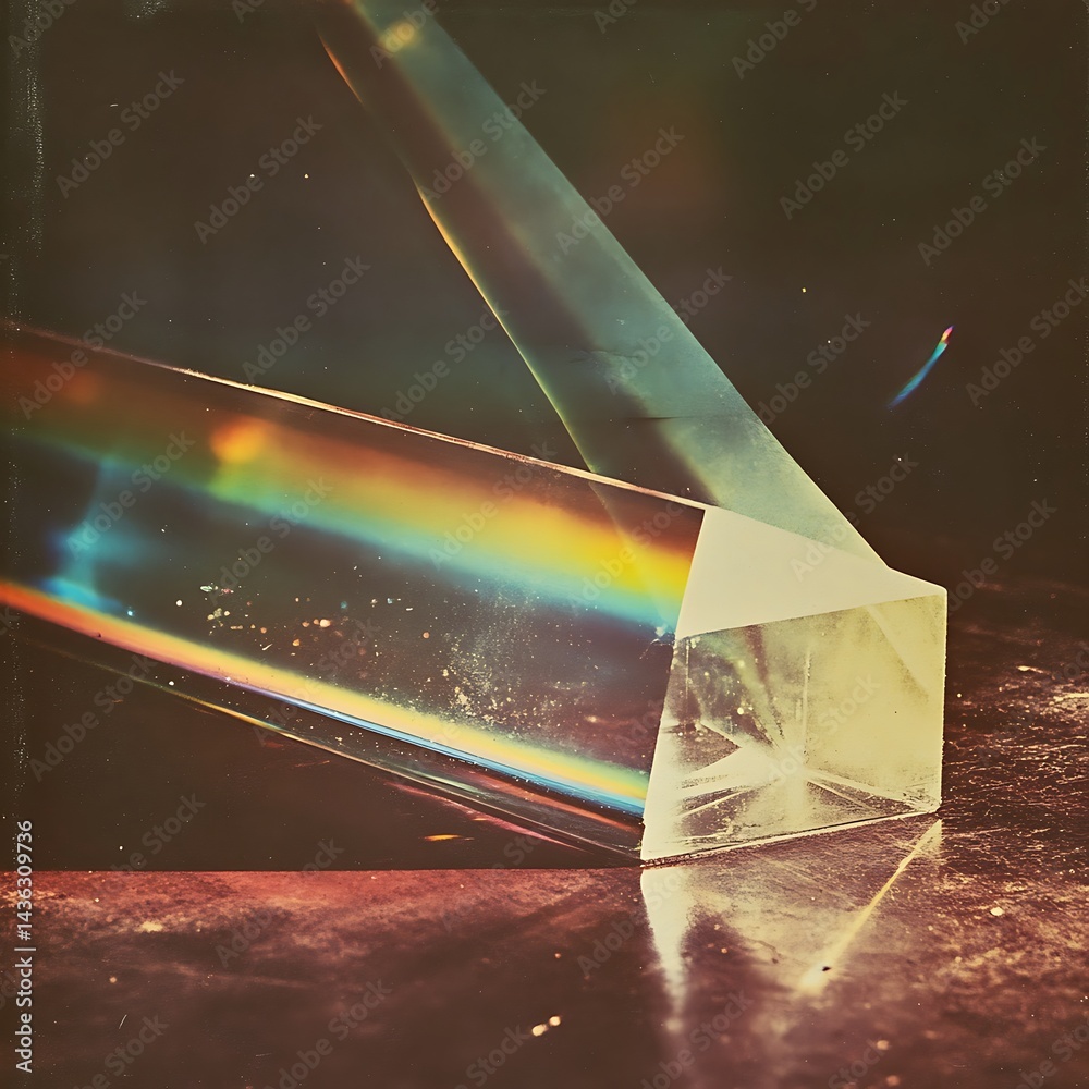 Poster abstract image of two prisms refracting light, creating a rainbow effect on a dark background. one p