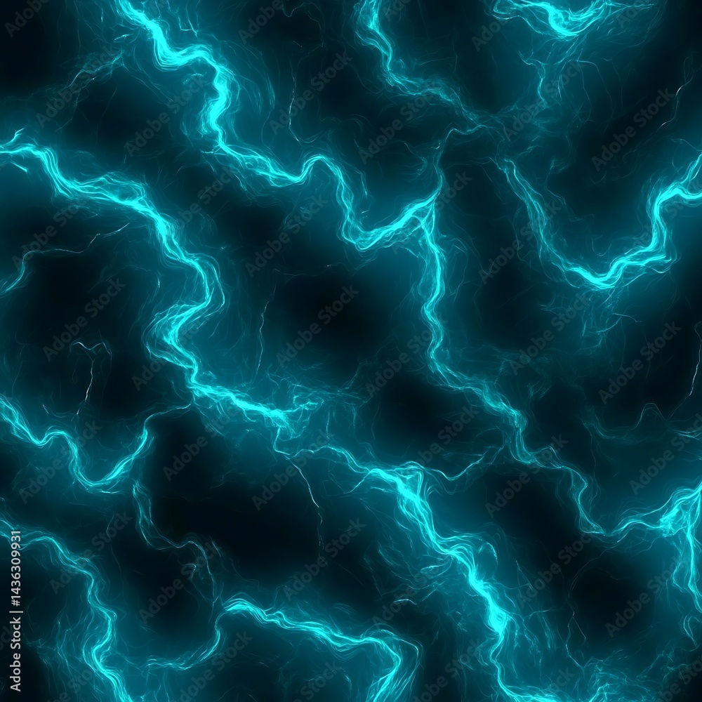 Poster abstract image featuring a dynamic pattern of teal and blue lightning like lines on a dark backgroun