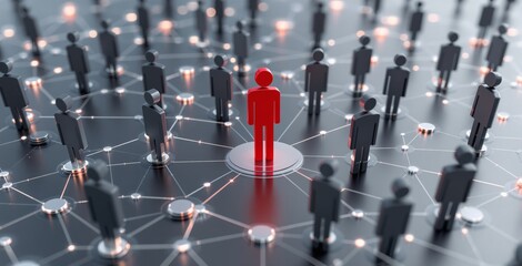 Illustration showing connected human icons with glowing nodes, one figure highlighted in red, on a dark background, representing business network concept, Ai generative