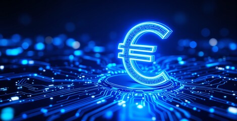 Futuristic glowing euro symbol integrated into a digital circuit board, blue neon style, on a dark abstract background, concept of finance and business, Ai generative