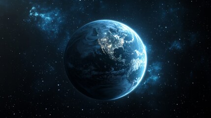 Obraz premium Dark Blue Planet in Space with Glowing Nebula