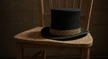 Elegant black top hat with gold trim displayed on a rustic wooden chair offering a vintage feel perfect for historical or theatrical themes