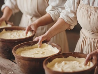 Tourists making fresh butter using traditional churning methods, oldfashioned farm skills