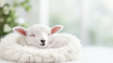 Lamb in fluffy nest, soft lighting, serene pastel style, high-resolution image, close-up portrait view, peaceful slumber, blurry window backdrop, pure white tones, ideal for greeting cards