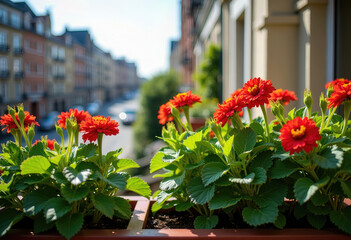 City Garden Sanctuary: Immerse Yourself in the Beauty of a Balcony Overflowing with Lush Plants and Vivid Red Flowers, Creating a Harmonious Blend of Nature and Urban Scenery.
