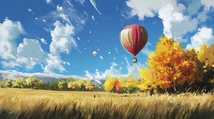 Obraz premium Hot air balloon floats over autumnal landscape, vibrant yellow trees, wheat field, and blue sky with fluffy clouds. Digitally painted artwork