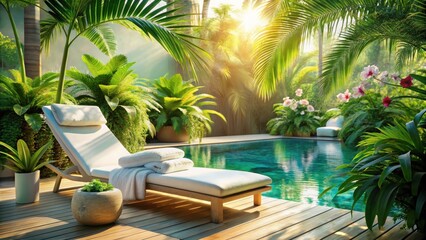 Fototapeta premium Serene Poolside Relaxation Luxurious Chaise Lounge Nestled Amongst Lush Tropical Foliage, Bathed in Golden Sunlight