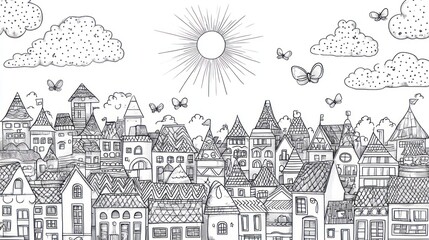 Fototapeta premium Sunny day fairytale town skyline, butterflies, clouds; coloring book page