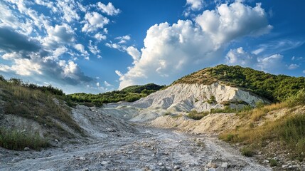 Scenic view of rocky terrain with lush hills and dramatic clouds under a bright blue sky.